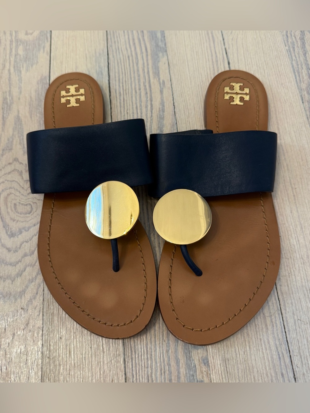 TORY BURCH Women’s Patos Disk Navy Blue Gold Leather Thong Sandals 9M